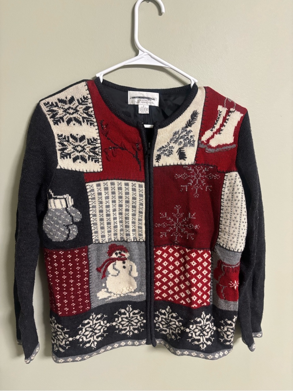 Christmas Winter Sweater Size Small Petite Merino Wool Snowman Vintage Lined Zip